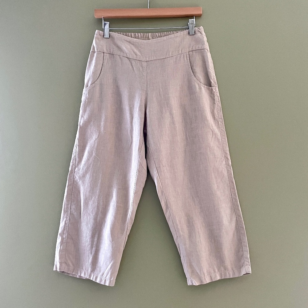 Linen Women Small Cropped Pants Travel Euro Coastal Neutral Minimalist Trouser‎